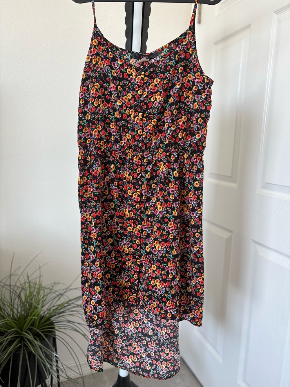 Posh Black Floral High-Low Slip Dress with Multicolor Blooms